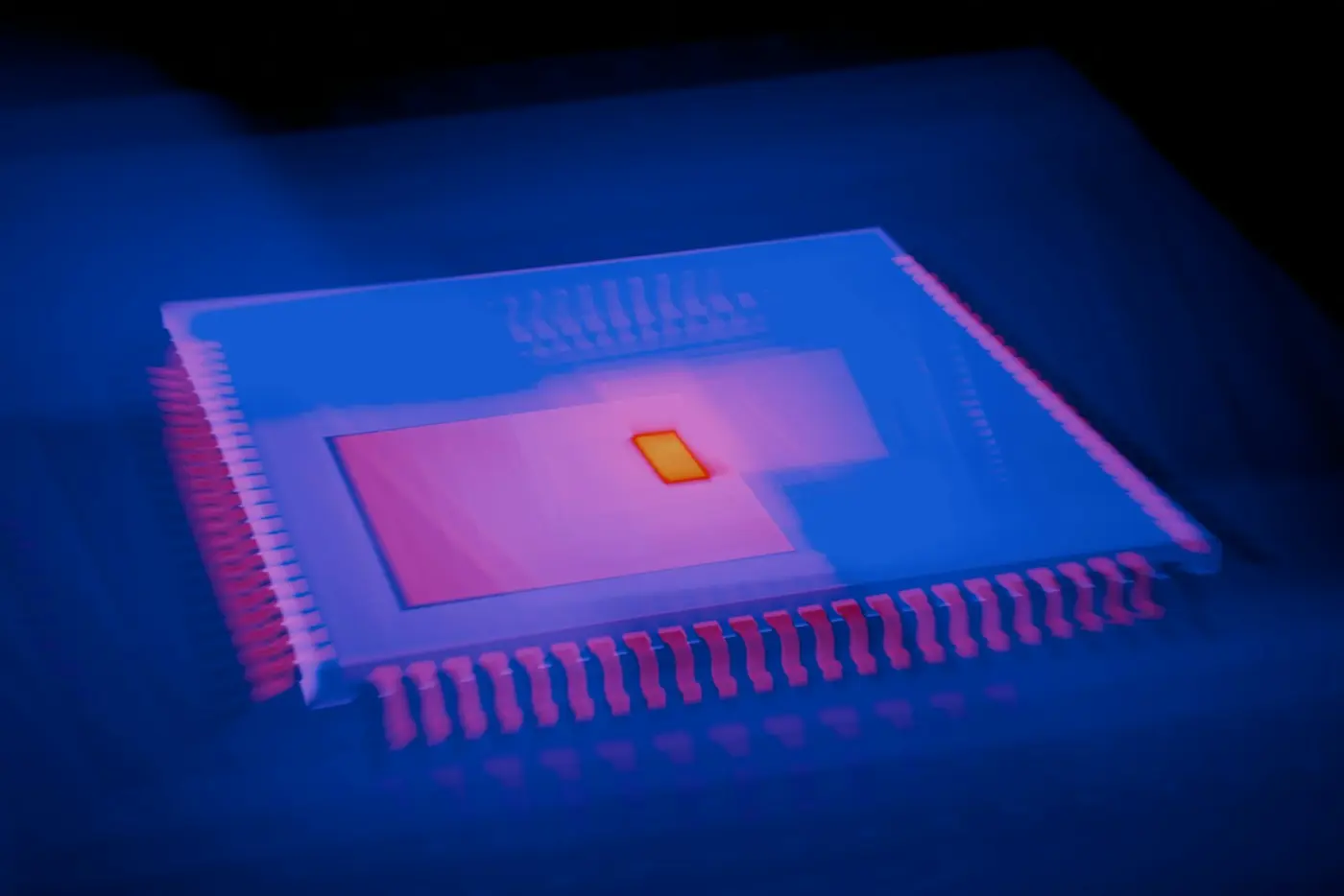 A processor die photographed close up in low light