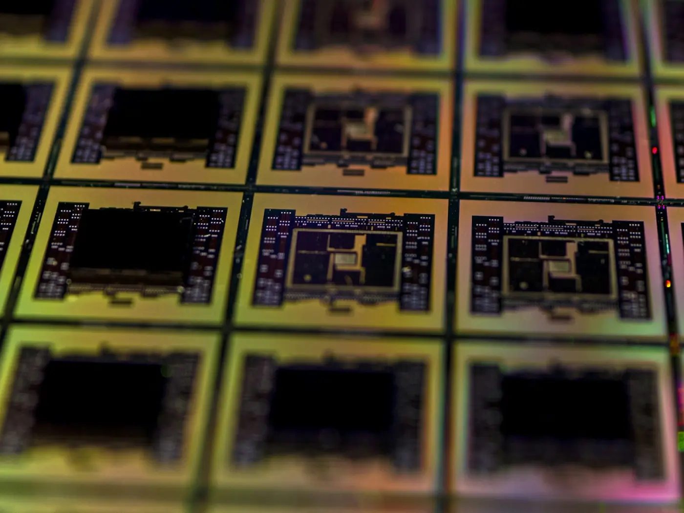 A silicon wafer photographed close up